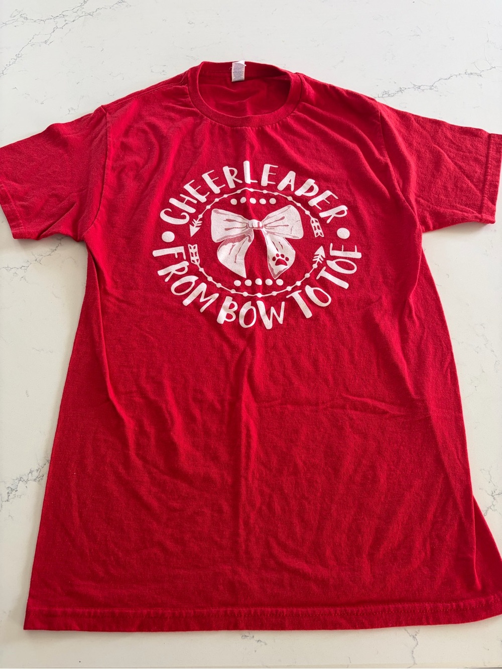 Jerzees Red Cheer Graphic Tee With White Bow - Women’s Small